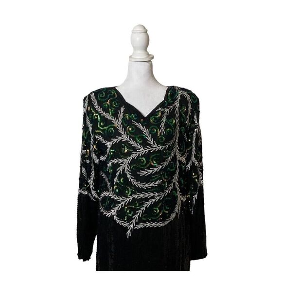 Jean for Joseph Le Bon Silk Sequin Beaded Dress Long Sleeve Evening Wear Vtg L - Picture 2 of 11